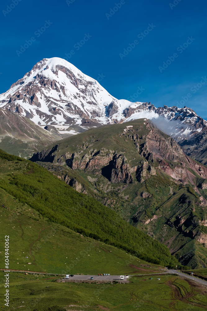 Kazbek or Kazbegi mountain,near the Gergeti Trinity Church ,Stepantsminda village in Georgia ,At an altitude of 2170 meters,
