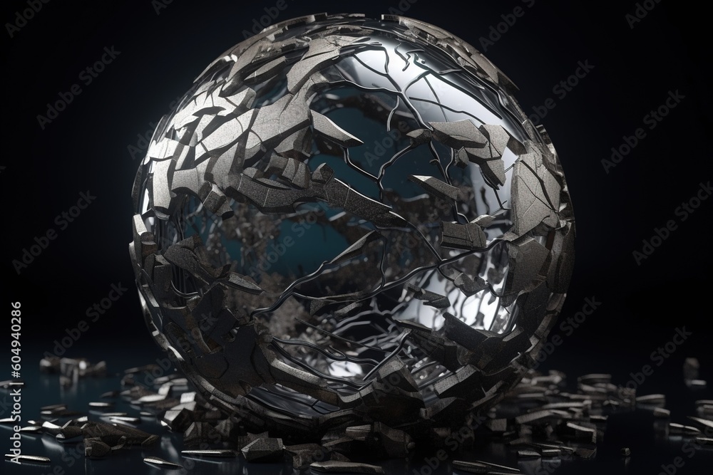 3D illustration of a fractured silver sphere. .Generative AI 3D illustration of a fractured silver sphere. .Generative AI