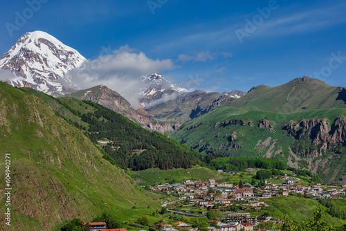 Kazbek or Kazbegi mountain,near the Gergeti Trinity Church ,Stepantsminda village in Georgia ,At an altitude of 2170 meters, 