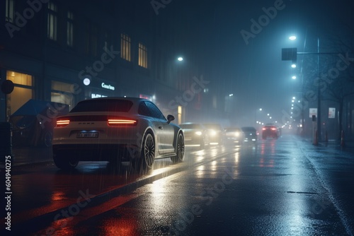  3D auto lights on misty nighttime street . .Generative AI