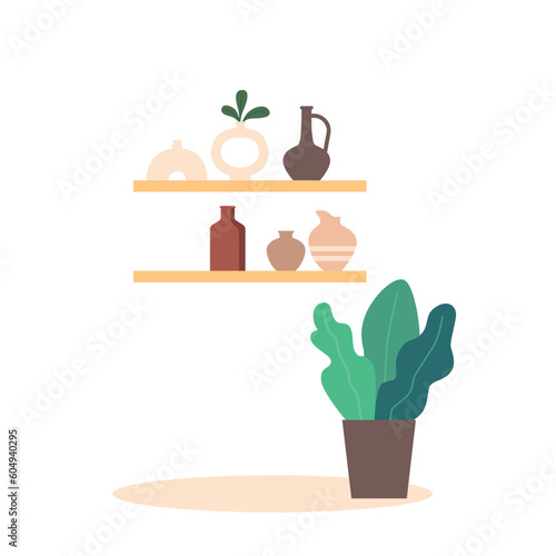 Artfully Adorned Room Showcasing Exquisite Handmade Pottery On Shelf, Evoking Rustic And Artisanal Ambiance