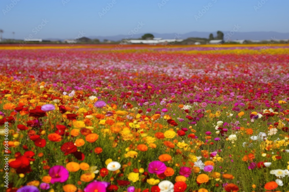 Field of colorful flowers. Generative AI.