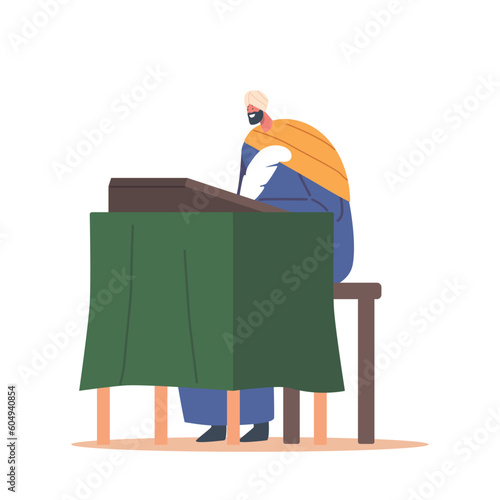 Ancient Clerk Writer Character Sitting Behind A Bureau, Meticulously Transcribing With Quill And Ink, in Atmosphere