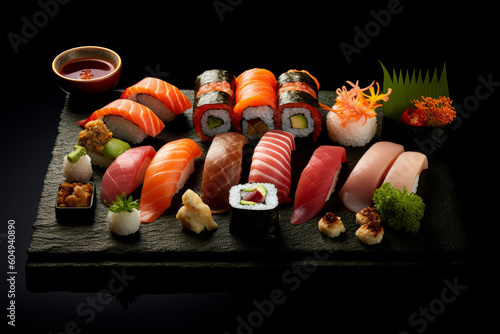 Delicious fresh sushi, overhead view. Generative ai