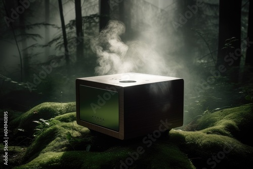 Dehumidifier machine in the jungle with smoke. Generative AI.
