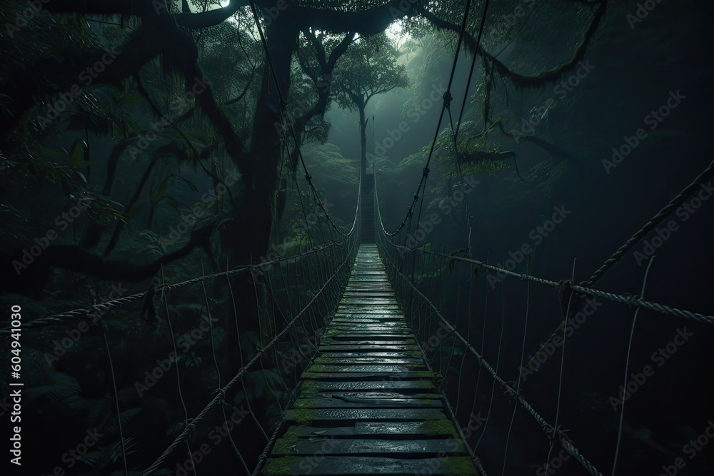 Wooden bridge in the forest. Generative AI.