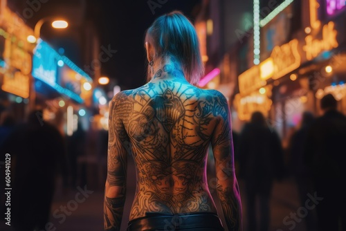 Woman back full with tattoo walk at the night market. Generative AI.
