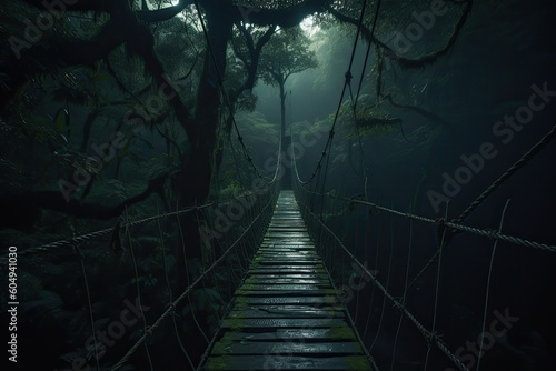 Wooden bridge in the forest. Generative AI.