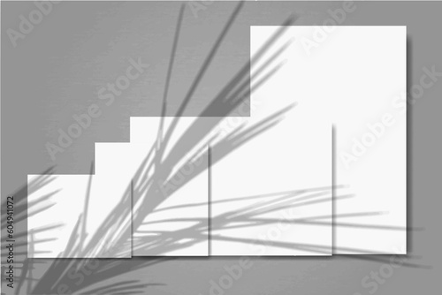 Several horizontal and vertical sheets of white paper against a grey wall background. Mock up with an overlay of plant shadows. Natural light casts shadows from a palm branch