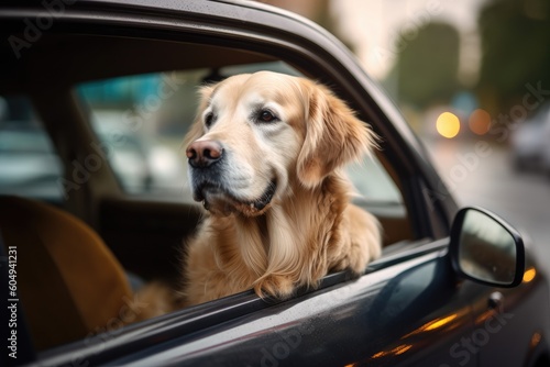 Golden retriever dog inside the car. Generative AI.