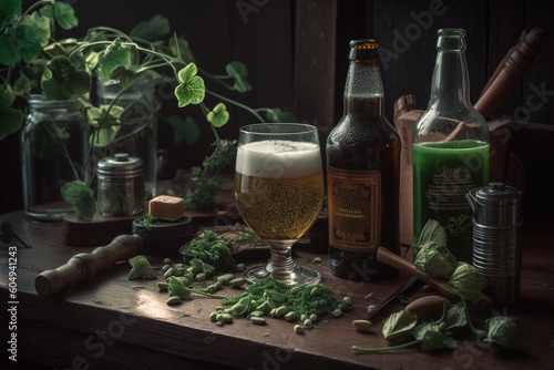 Celebrating St. Patricks with clover and beer.Generative AI