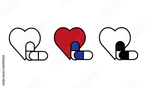 Illustration of heart medication, capsules with heart symbol icon vector