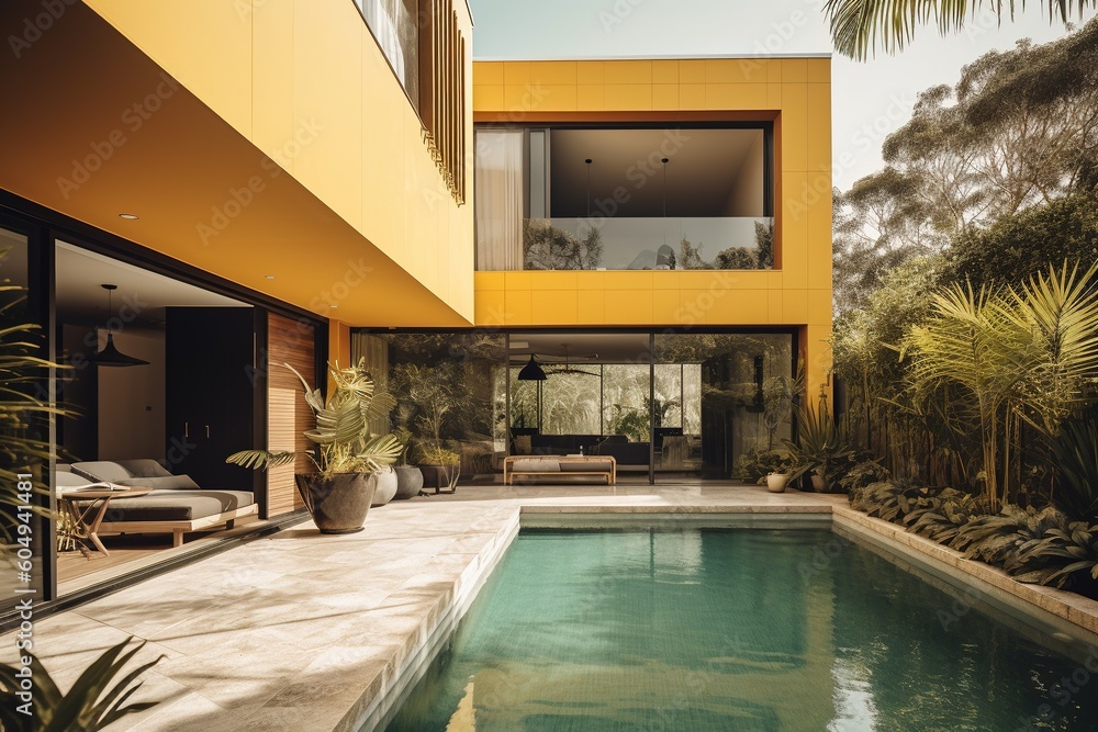 Contemporary yellow residence with relaxing alfresco area.Generative AI Contemporary yellow residence with relaxing alfresco area.Generative AI
