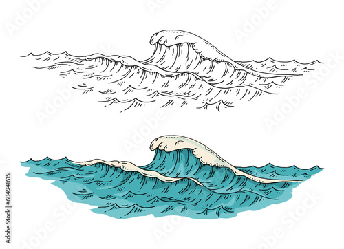 Sea waves. Vintage vector engraving color illustration. Isolated on white