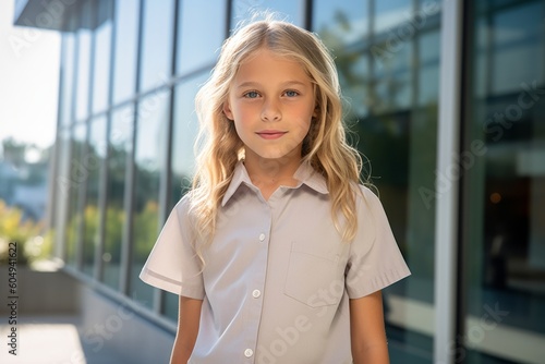 Full-length portrait photography of a glad kid female wearing a casual short-sleeve shirt against a modern office building background. With generative AI technology