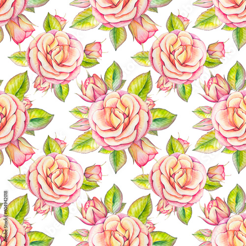 Floral seamless pattern with garden roses and leaves  watercolor