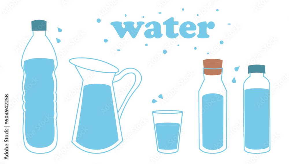 A set of clean water in bottles and a glass. text. H2O for health. Drink more water. A set of clean water in bottles and a glass. text. H2O for health. Drink more water.
