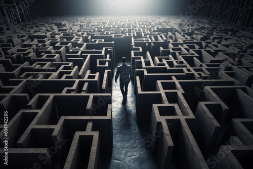 Business Disruption: An unrecognizable man navigating through a maze of obstacles photo