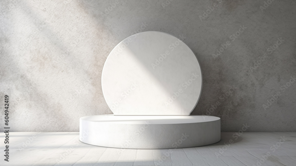 Three white round podiums in a empty room with sunlight shining through the window. Three white round podiums in a empty room with sunlight shining through the window.