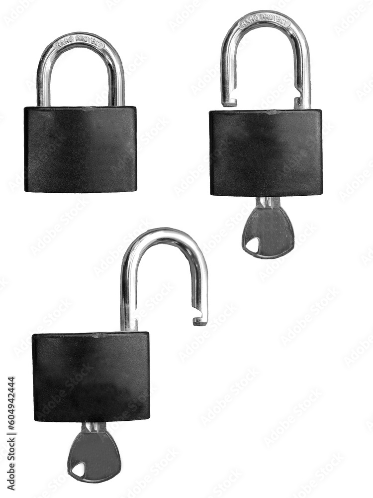 Lock open and lock closed isolated or on white background / top view of metal padlock / Lock and Key / Flat security Lock open and lock closed isolated or on white background / top view of metal padlock / Lock and Key / Flat security