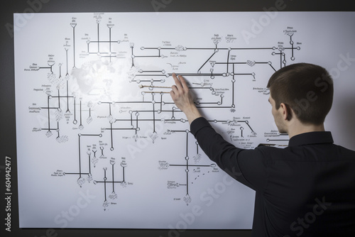 Business Solutions: An unrecognizable man pointing to a flowchart on a whiteboard