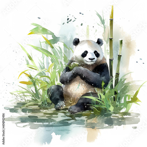 A watercolor painting of a panda eating bamboo. Generative AI.