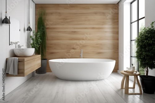 interior modern architecture home luxury white house bathroom wood window bathtub. Generative AI.