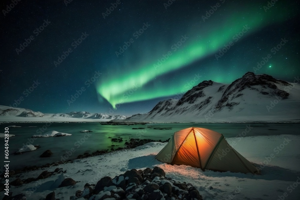Arctic Camping Under Northern Lights. AI