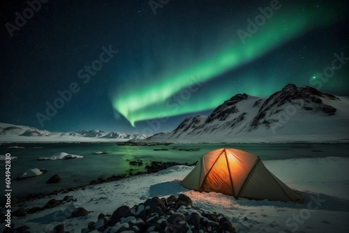 Arctic Camping Under Northern Lights. AI