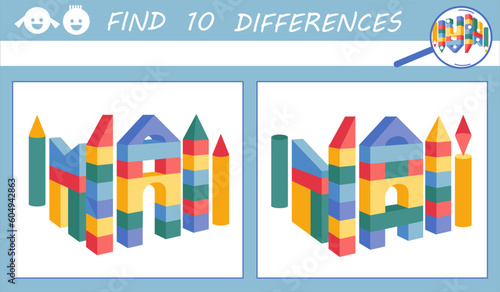 Find differences game for kids. Wooden cubes and other shapes castle.  Puzzle Hidden Items. Educational game for kids. Building.  Sketch vector illustration