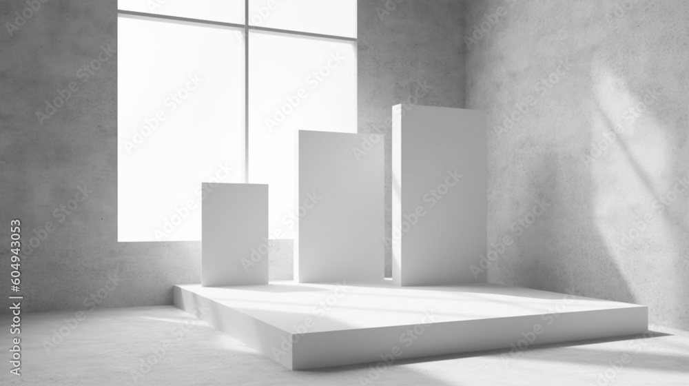 Three white round podiums in a empty room with sunlight shining through the window. Three white round podiums in a empty room with sunlight shining through the window.