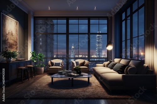 Cityscape Hotel Living Room in High-rise Condominium. AI
