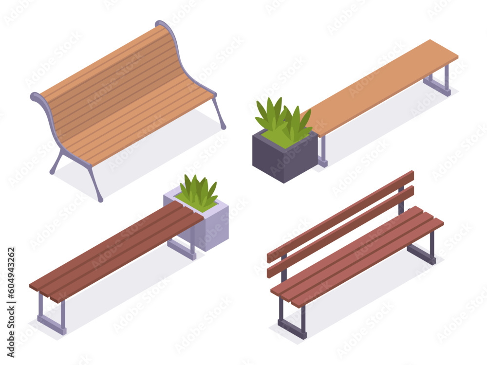 Wooden benches. Isometric garden backyard or city park bench, outdoor furniture with planting of greenery 3d vector illustration set Wooden benches. Isometric garden backyard or city park bench, outdoor furniture with planting of greenery 3d vector illustration set