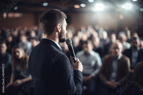 Business and Entrepreneurship concept, Speaker giving a talk in conference hall at business event, Audience at the conference hall, Focus on unrecognizable people