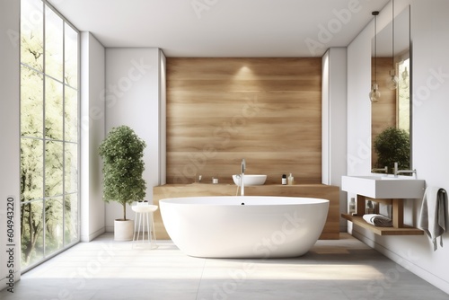 modern architecture bathtub white wood luxury interior bathroom house home loft. Generative AI.
