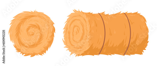 Agricultural rolled haycock. Dry straw stack, bale of hay. Rolled rural haystack, dried farm hay flat vector illustration set