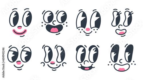 Retro caricature emojis. Comic funny faces, 30s vintage face with eyes and mouths. Smiling mascots flat cartoon vector illustration set