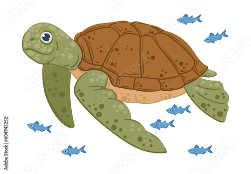 Sea turtle. Cartoon swimming turtle, cute ocean animal. Water reptile flat vector background illustration