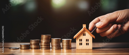 Business hand holding home with Buy or Rent copy space, Property investment and house mortgage financial concept Hand putting money coin stack with wooden house copy space on left