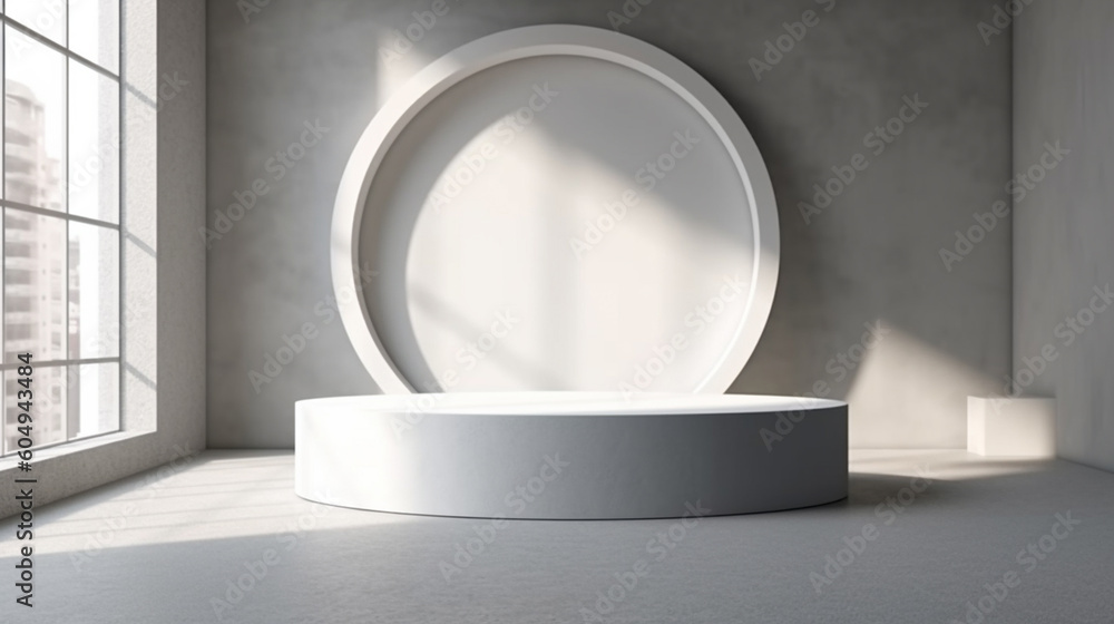 Three white round podiums in a empty room with sunlight shining through the window. Three white round podiums in a empty room with sunlight shining through the window.