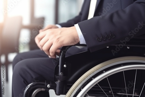 Businessman in wheelchair hand on wheel close up office interior on background © alisaaa