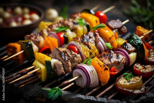 Grilled Skewers Vegetables on Fire. AI