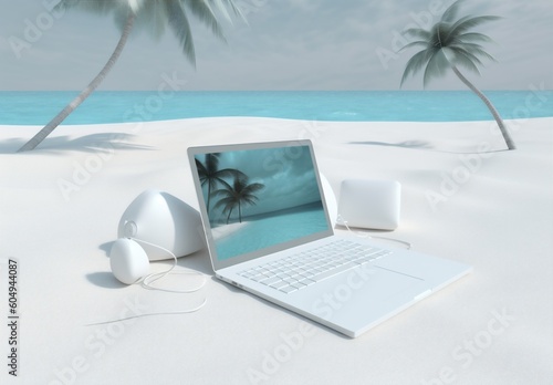 tropical computer travel concept laptop vacation palm tree summer beach. Generative AI.