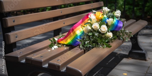 A park bench with a small bouquet of rainbow-colored flowers left behind, symbolizing an lgbt couple recent visit, concept of Equality, created with Generative AI technology