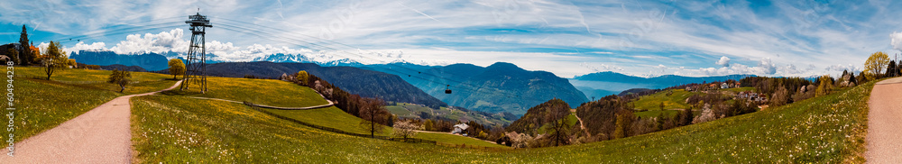 Fototapeta premium High resolution stitched spring panorama at Mount Ritten, Oberbozen, Bozen, Dolomites, South Tyrol, Italy