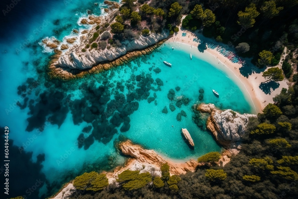 Serene Bay: Clear Turquoise Waters in Sunny Aerial View. AI