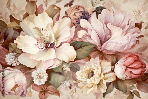 Fototapeta Naklejka Na Ścianę i Meble -  watercolor peony illustration design flower delicate leaf background wallpaper seamless abstract. Generative AI.