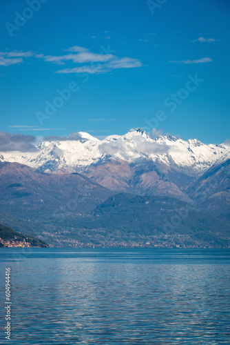 Scenic view of northern branch of Lake Como, Italy with snowcapped mountains