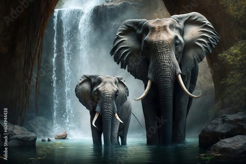 Elephants in Water with Waterfall Background. AI