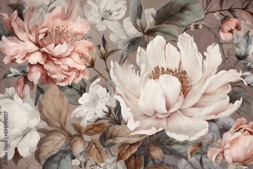 design wallpaper peony watercolor flower delicate illustration leaf background seamless greeting. Generative AI.